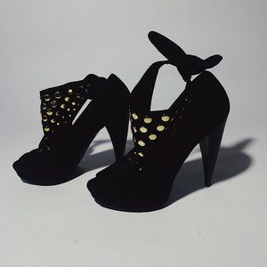 Black Suede / Gold Studded / Tied Heel - NWOT